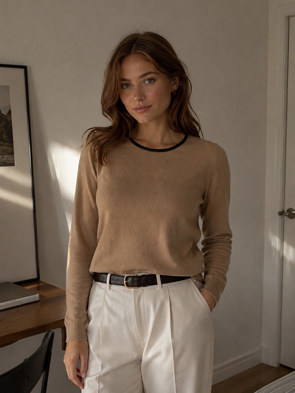 Ann Taylor 100% Extra Fine Merino Wool Sweater Size M Camel Faux Leather Trim